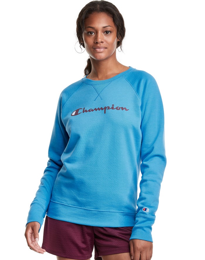 Champion Powerblend Fleece Classic Crew Script Logo - Naisten Sininen Collegepaita - Suomi 9015267-I